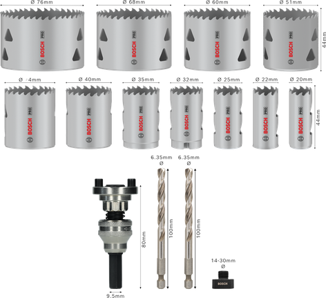 Juego de mandril Q-Lock para sierra de corona multimaterial Bosch PRO, 15 tamaños.